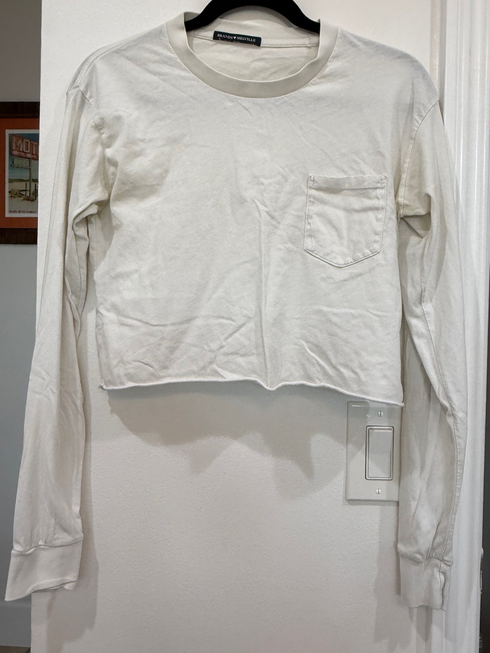 Brandy Melville Cream Long-Sleeve Crop Pocket Tee